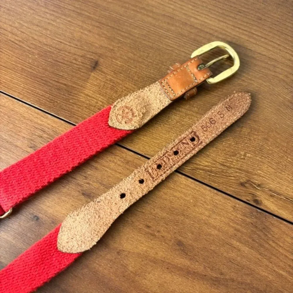 Lands' End VTG 90s Red Canvas Leather Trim Belt Solid Brass Buckle Youth M